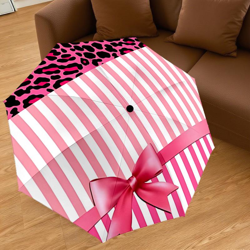 1PC Leopard Print, Pink Stripes Umbrella-8-Rib Reinforced, Automatic Open, Lightweight & Durable, Cute Fashion Accessory for Outdoor-T199