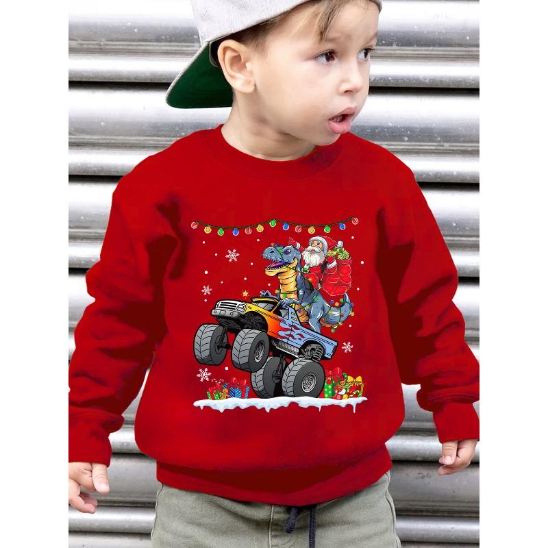 CHRISTMAS Boys Autumn/Winter Fashion -Lined Crewneck Sweatshirt with Santa, Dinosaur, Monster Truck Christmas Element 110 красный
