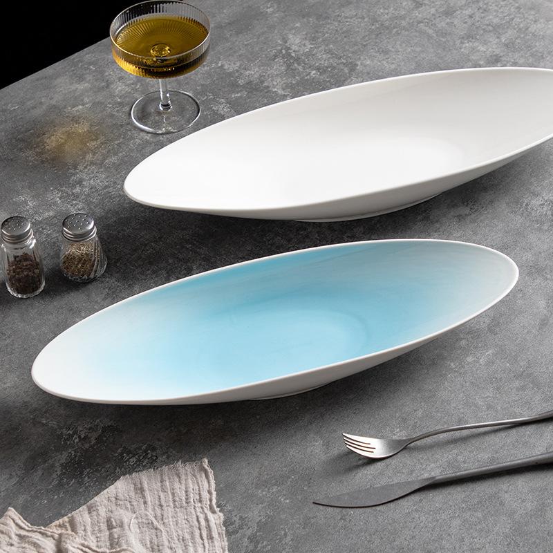 Restaurant, Hotel, Steamed Fish Dish, Front Brocade, Oval Strip Plate, Creative Ceramic Home Dish Plate, Pasta Salad Plate