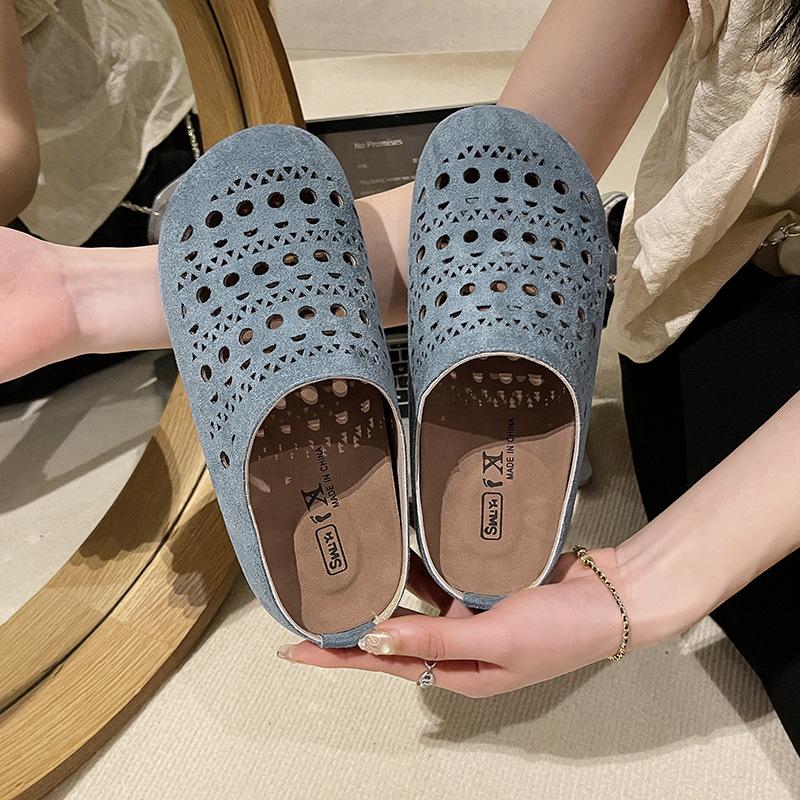 Thick-soled Flip-top Hollowed-out Birken Shoes Lazy Person Wearing Half-flip-top Women's Slippers On One Foot