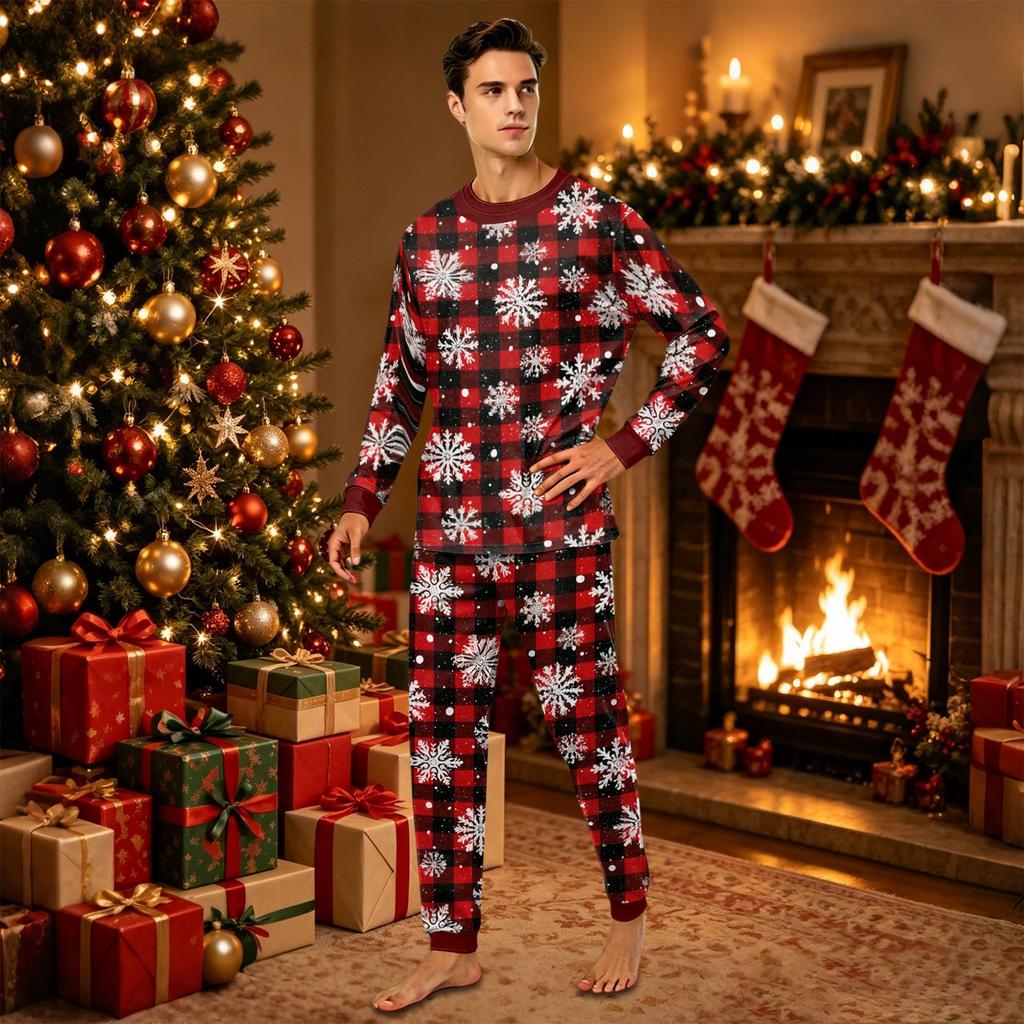 Christmas Print Family Matching Pajamas Set, Round Neck Long Sleeve and Pants Loungewear