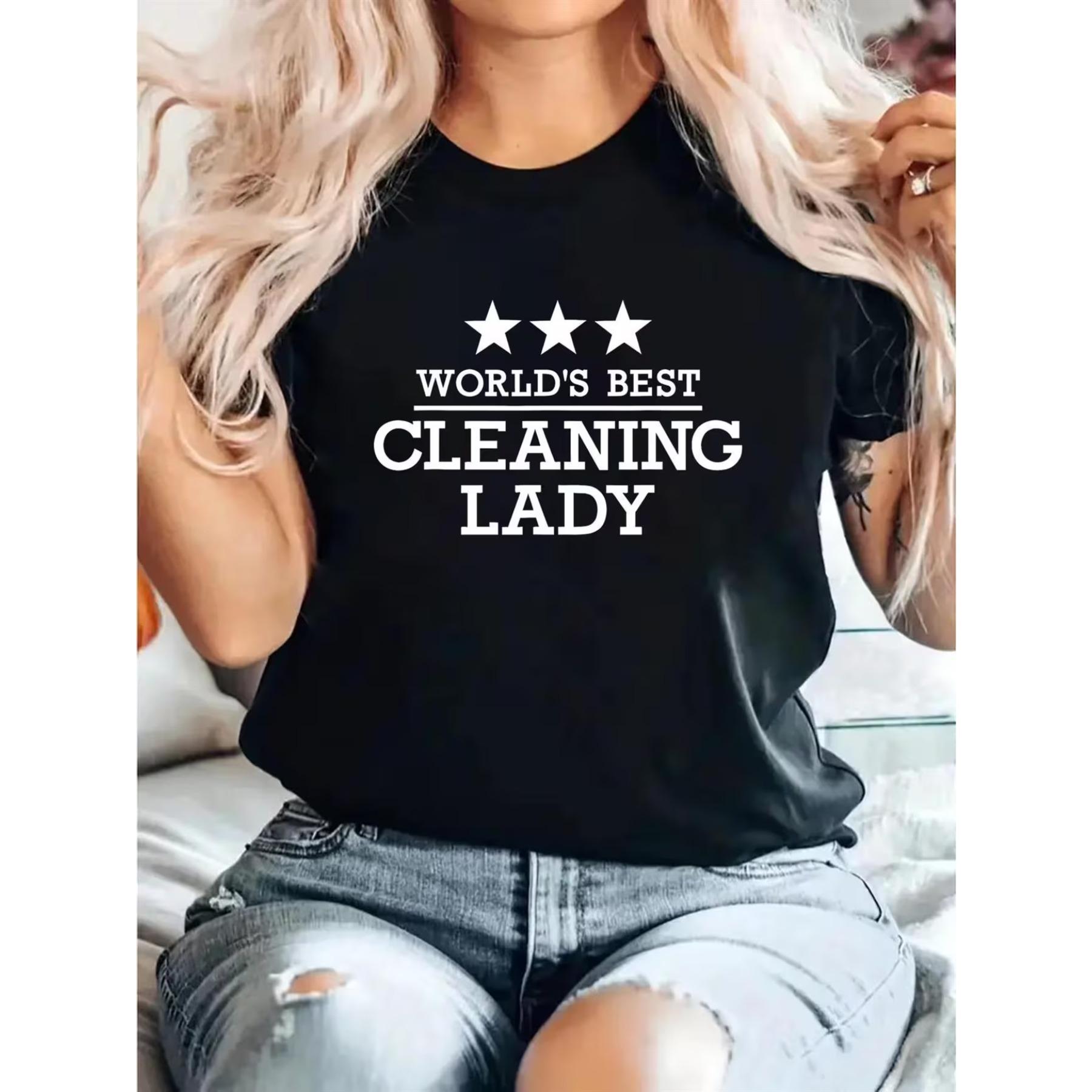 

Women s Slim Fit World s Best Cleaning Lady & Star T-Shirt - Short Sleeve Round Neck Casual Top XXL