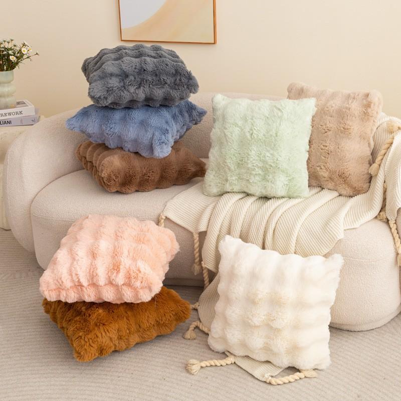 2PC Solid Color Bubble Rabbit Velvet Cushion Cover Autumn Winter Plush Cushion Cover Nordic Sofa Bedroom Pad Waist Pillowcase