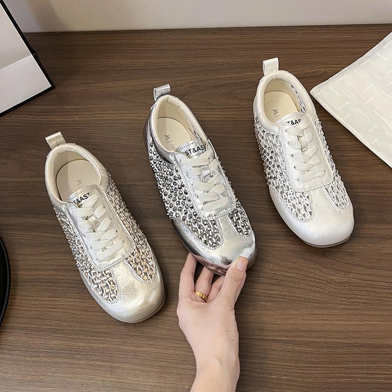 Fashion Breathable Mesh Women's 2025 Summer New Flat German Training Shoes Lace-up Diamond-encrusted Hollow Sandals