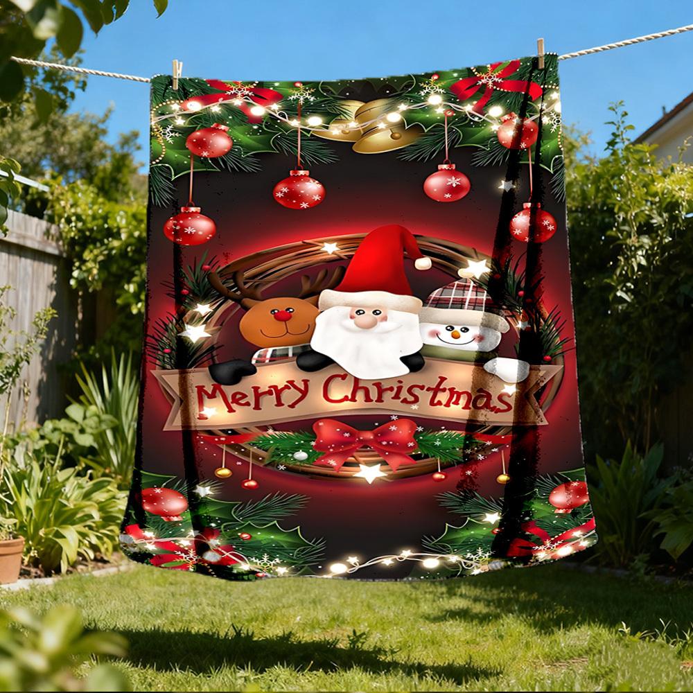 1pc Christmas wreath Outdoor Flannel Blanket , Machine Washable Perfect Gift for Birthday , Holiday Travel Accessory , Durable Material