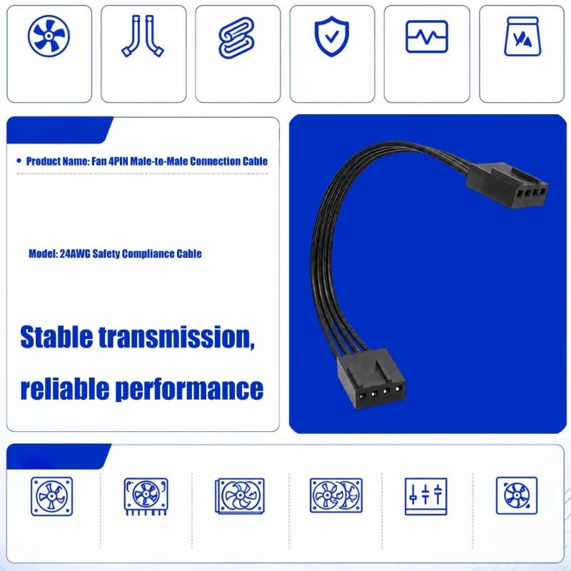 4Pin Male To Male PWMs Fan Extension Cable Flat Black PVC Wire For Computer Cooling System