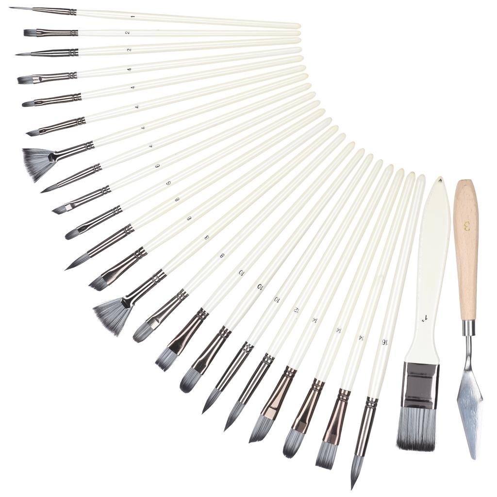 24Pcs Painting Brush Set Nylon Wool Wooden Handle with Bag for Acrylic Watercolor Paint