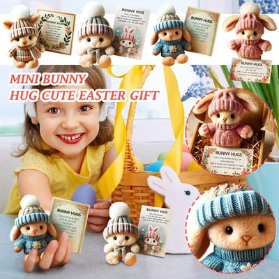 Small Bunny Hugging Cute Easter Gift, Easter Plush Bunny With Knitted Hat And Ball, Soft Pocket Bunny With Gift Box And Card