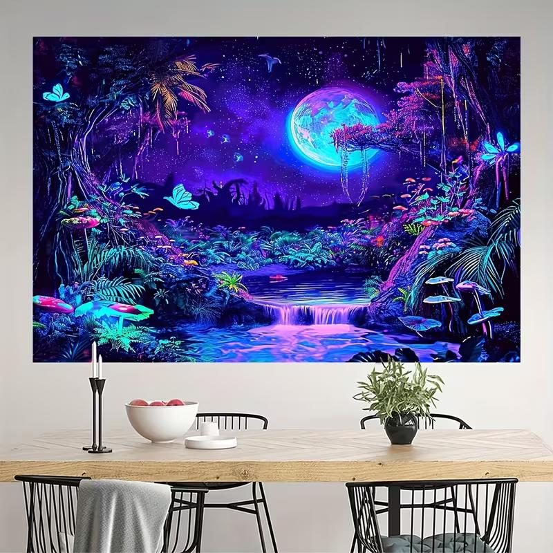 2D Blacklight Trippy Forest Tapestry Galaxy Moon Waterfall Glow In the Dark Wall Hanging