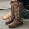 Fashion Brown Black Knee High Boots for Women 2025 Autumn Winter Leather Western Cowboy Long Knight Boots Buckle Straps Mid-Calf Botas