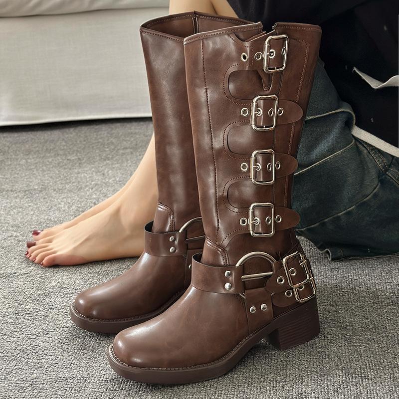 Fashion Brown Black Knee High Boots for Women 2025 Autumn Winter Leather Western Cowboy Long Knight Boots Buckle Straps Mid-Calf Botas