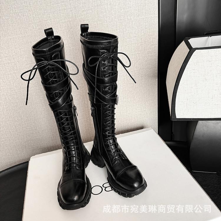 Leather high boots women's thick heel round head Martin boots 2025 autumn and winter muffin thick sole strap knight boots side zipper