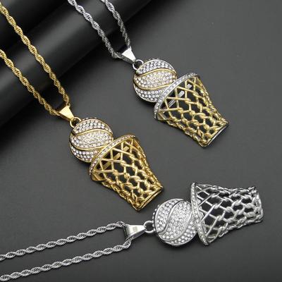 New Fashion Creative Hip Hop Sports Trendy Jewelry with Diamond Set Basketball Mesh Frame Necklace Pendant