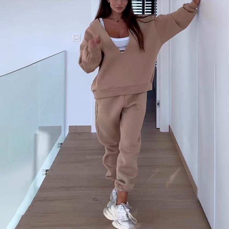 Grenzüberschreitender Amazon Pullover Damen Herbst und Winter 2024 Neu V-Ausschnitt Europäischer und Amerikanischer Stil Langarm Pullover Set Zweiteiliges Set