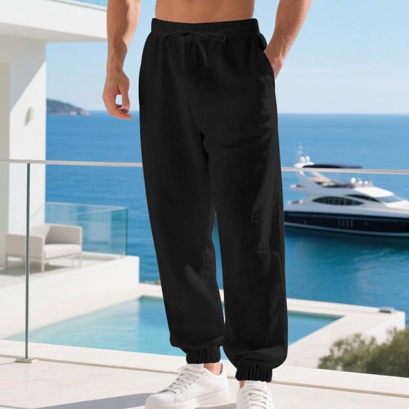European and American men's linen casual loose leggings cotton and linen breathable simple beach pants