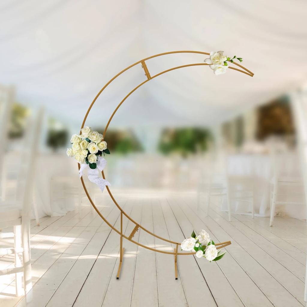 7ft Gold Metal Crescent Moon Wedding Arch Stand, Half Curved Flower Balloon Frame Birthday Party Backdrop