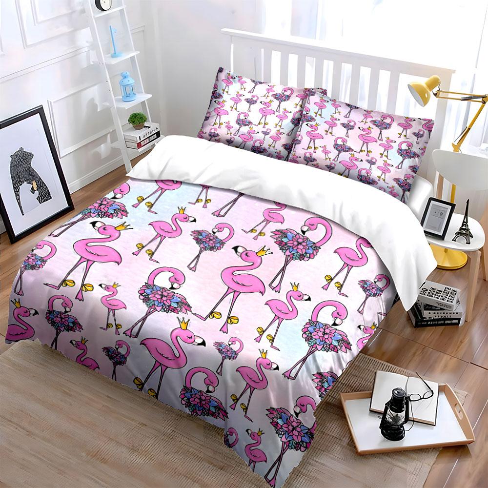 Pink Flamingo Pattern Three-Piece Set Multiple Sizes Kid'S And Adults' Bedroom Exquisite 3Pc Bedding Set, Gift