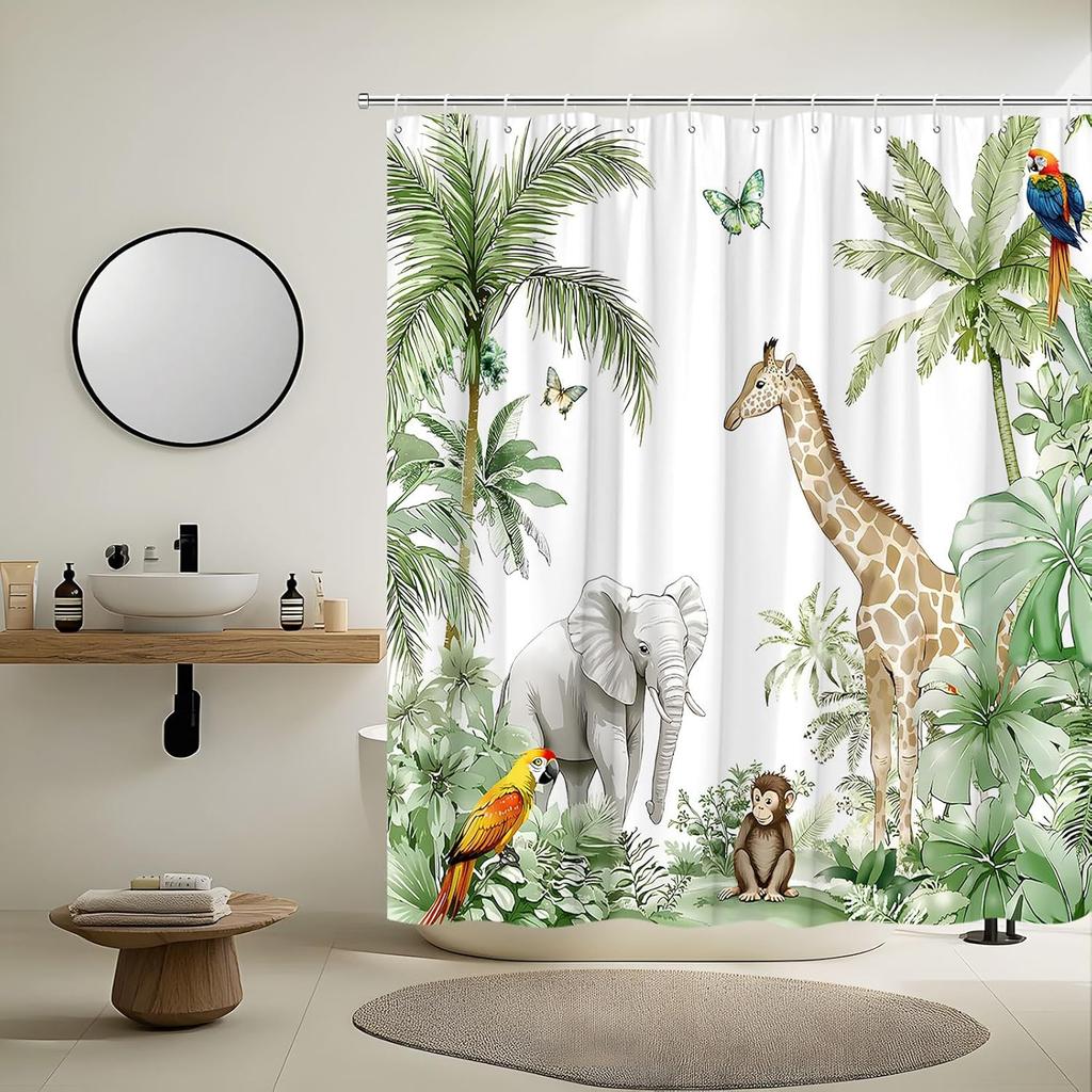 GAEJungle Animal Shower Curtain Forest Giraffe Elephant Rainforest Tropical Safari Green Plant Wildlife Parrot Watercolor Show