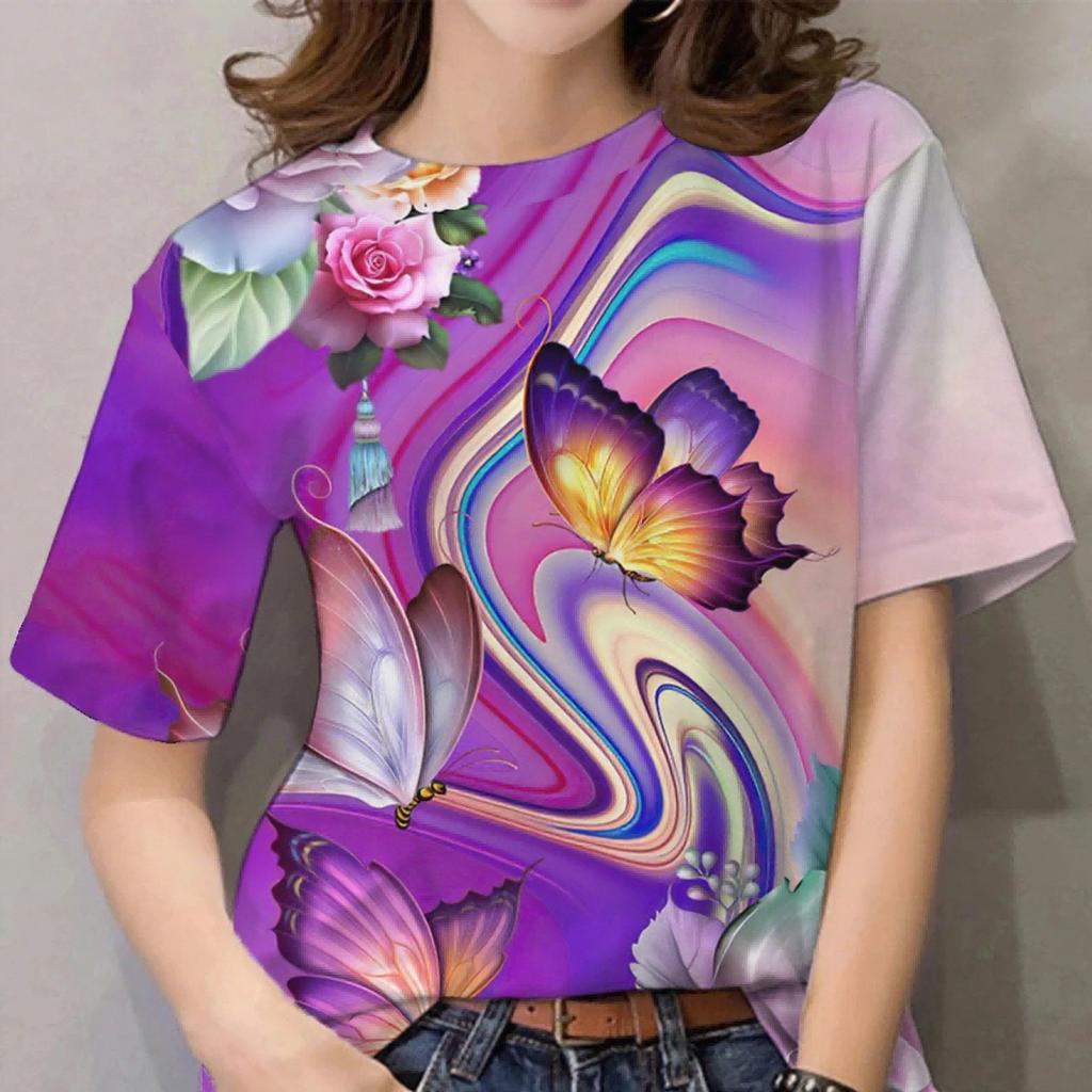 Summer Round Neck Butterfly Pattern 3D Print Top Fashionable Casual Short Sleeved Women's T-shirts