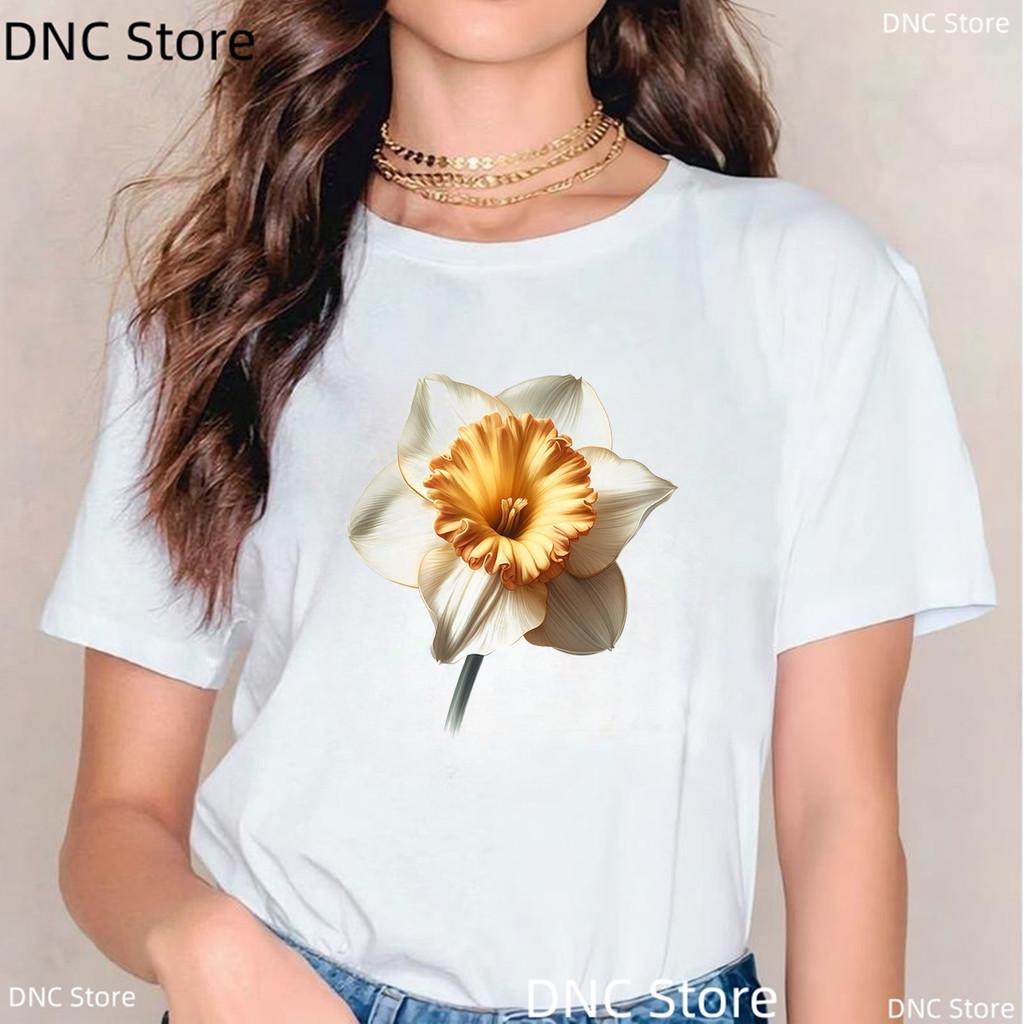 Watercolor Tulip, Lotus Lily Graphic Print T Shirt Women Casual Style Female T-Shirt Summer Fashion 00s Girls Tshirt White Tops