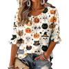 Women's Halloween Printed Three-Quarter Sleeve Blouse with Tie Neck and Ruffled Hem