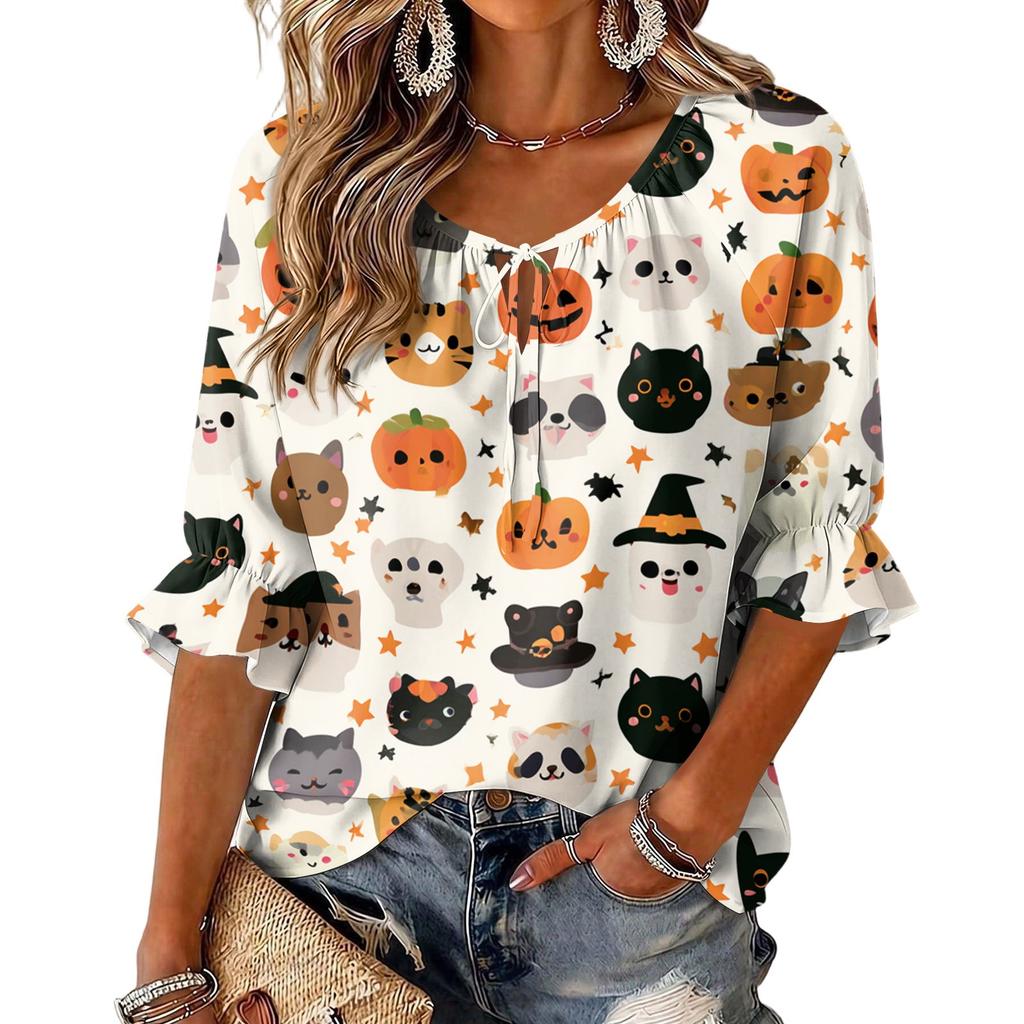 Women's Halloween Printed Three-Quarter Sleeve Blouse with Tie Neck and Ruffled Hem