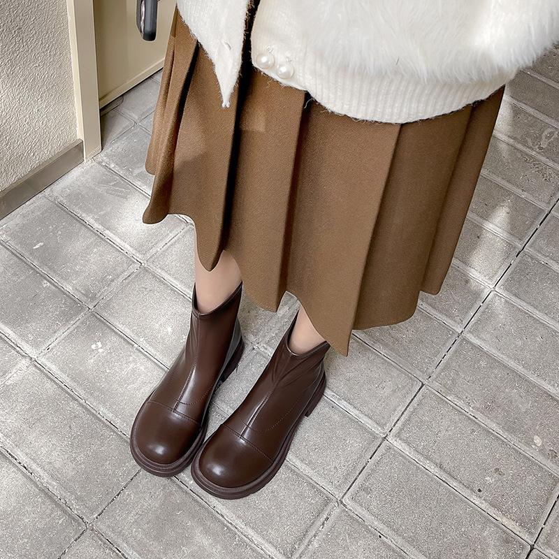 Leather Skinny Boots Women's New Winter Round Head Martin Boots Rear Zipper Fleece Thick-soled Elastic Short Boots Socks Boots