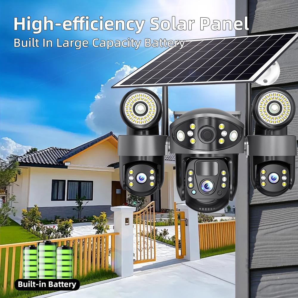 4G/WIFI Solar-powered Security Camera, Triple Lens, Triple Screen, Full-color Night Vision, Motion Detection, Wireless Monitoring