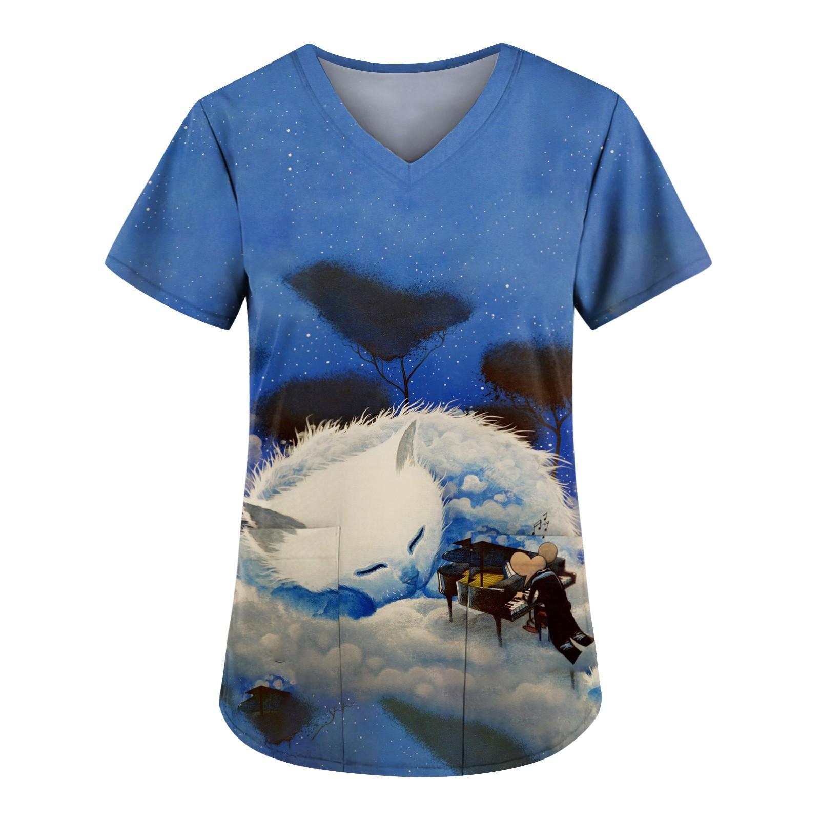 

Women s Printed Short Sleeve V-neck Top Work Uniform Pocket Top S белый