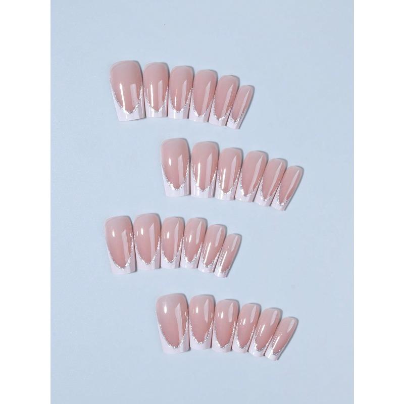 24pcs Long Coffin-Shaped White French Manicure Fake Nails Press On Nails Elegant Style For Women Girls For Daily Wear Or Parties Nail Supplies