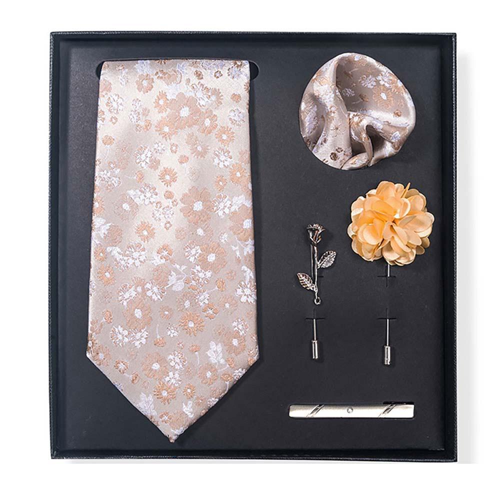 Paisley-Blumen-Krawatten-Geschenkset: Enthält Krawatte, Einstecktuch, Manschettenknöpfe, Ansteckblume und Krawattennadel in einer sechsteiligen Schachtel