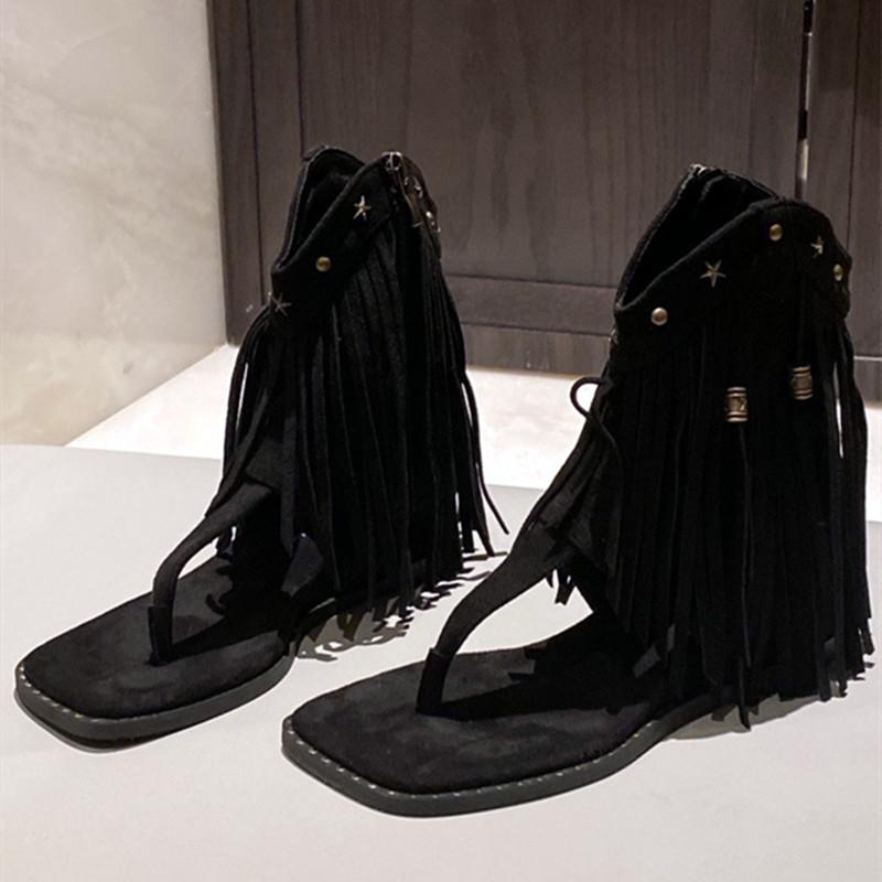 Fashion Metal Rivet Zipper Women Flip-flops Fashion Fringe Flat Designer Sandals Summer Simple Comfortable Non-slip Women Roman Shoes