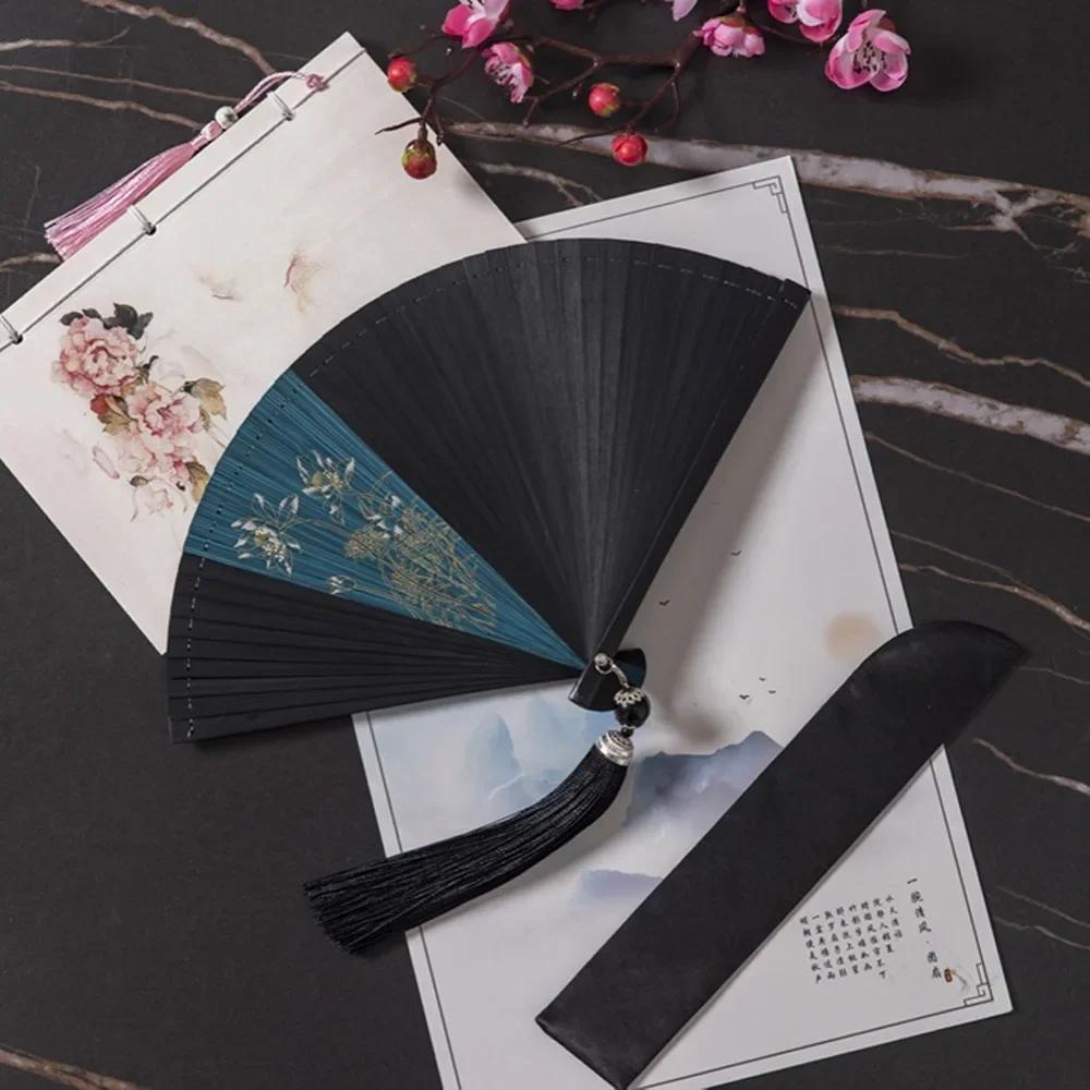 Chinese Style Japanese Classical Folding Fan Black Ancient Style Women's Folding Fan Portable Handmade Hand Fans Home Decoration