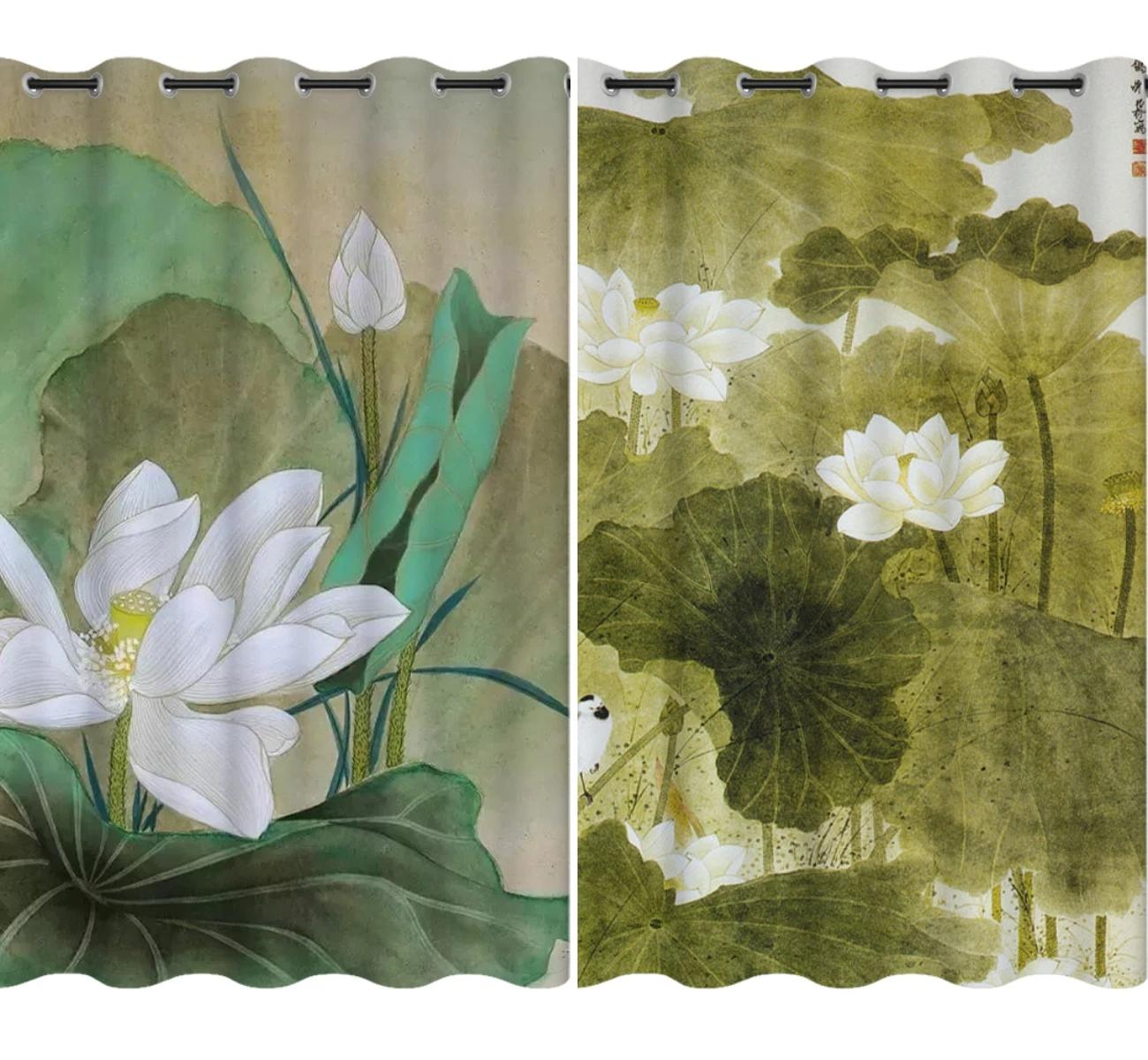 

Modern Chinese Lotus Full-height Drape Bedroom Living Room Decoration Blackout Drape Lotus Design Drape Multiple Colour W55 X H120cm X 2&Grommet Top