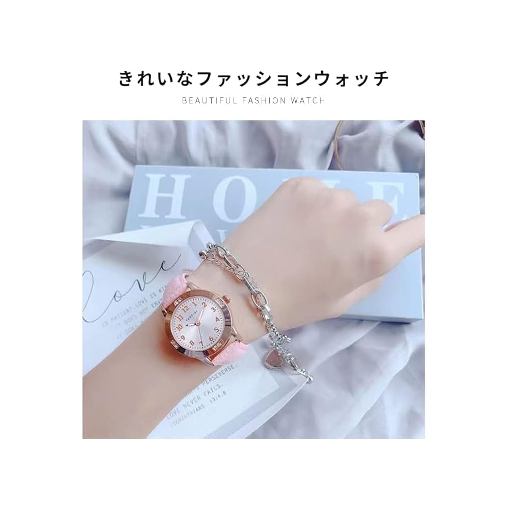 Girls Quartz Casual Watch Round Face 28mm PU Leather Band Japanese Movement Arabic Numerals Water Resistant Black Belt Gold Case