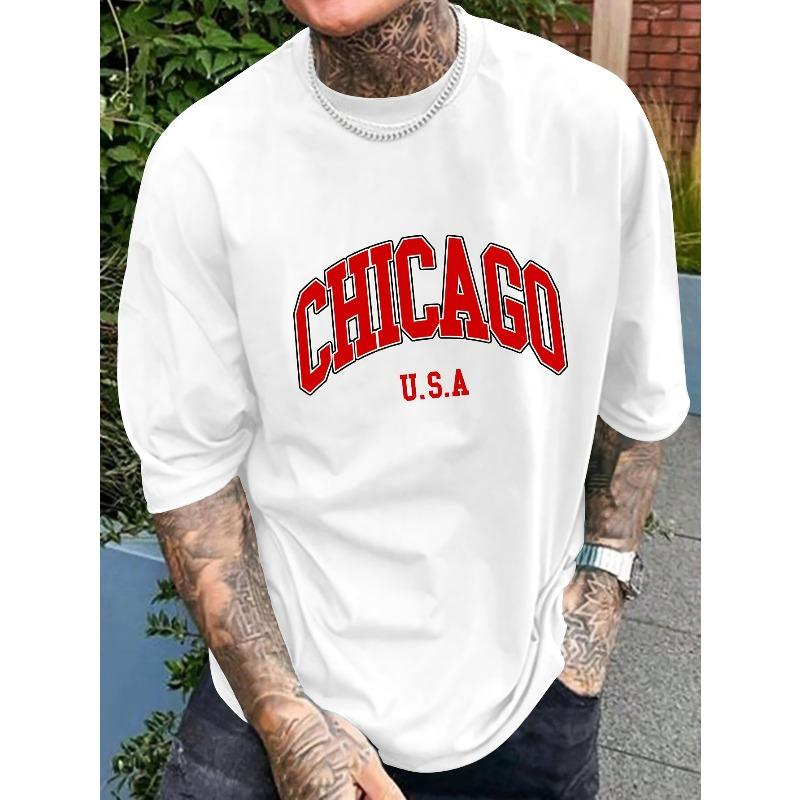 European Size Men'S Red Chicago Graphic Tee - Stylish Chicago Design Short Sleeve T-Shirt for Casual Attire, Lightweight & Comfortable Fabric