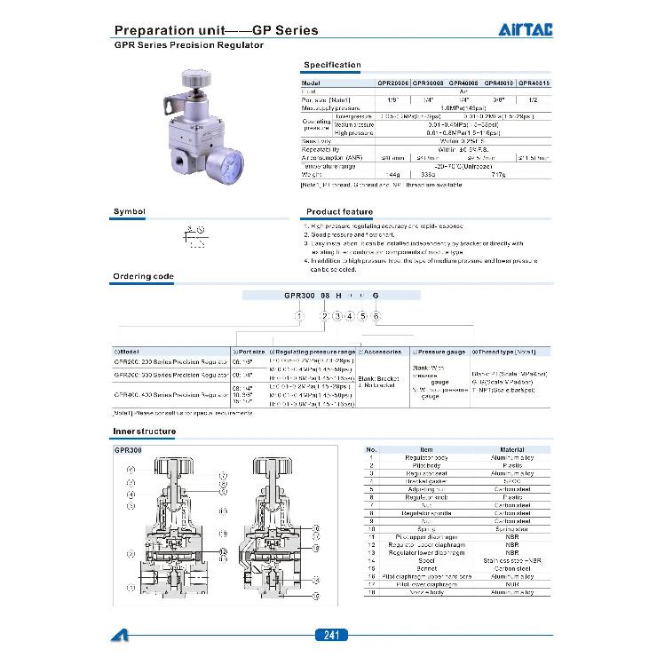 Airtac Pressure Reducing Valve Pneumatic Precision Pressure Regulating Valve GPR200-06/300-08/10/400-15H/LM
