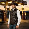 Men's Western Cowboy PU Leather Vest with Double Detachable Plush Collar for Motorcycle Riding and Equestrian Activities.