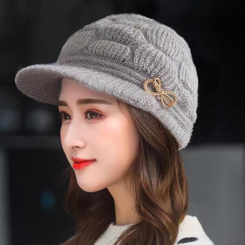 Jixin middle-aged and elderly hat women s knitted wool hat women s fleece warm ear protection hat mother grandma hat One size fits all