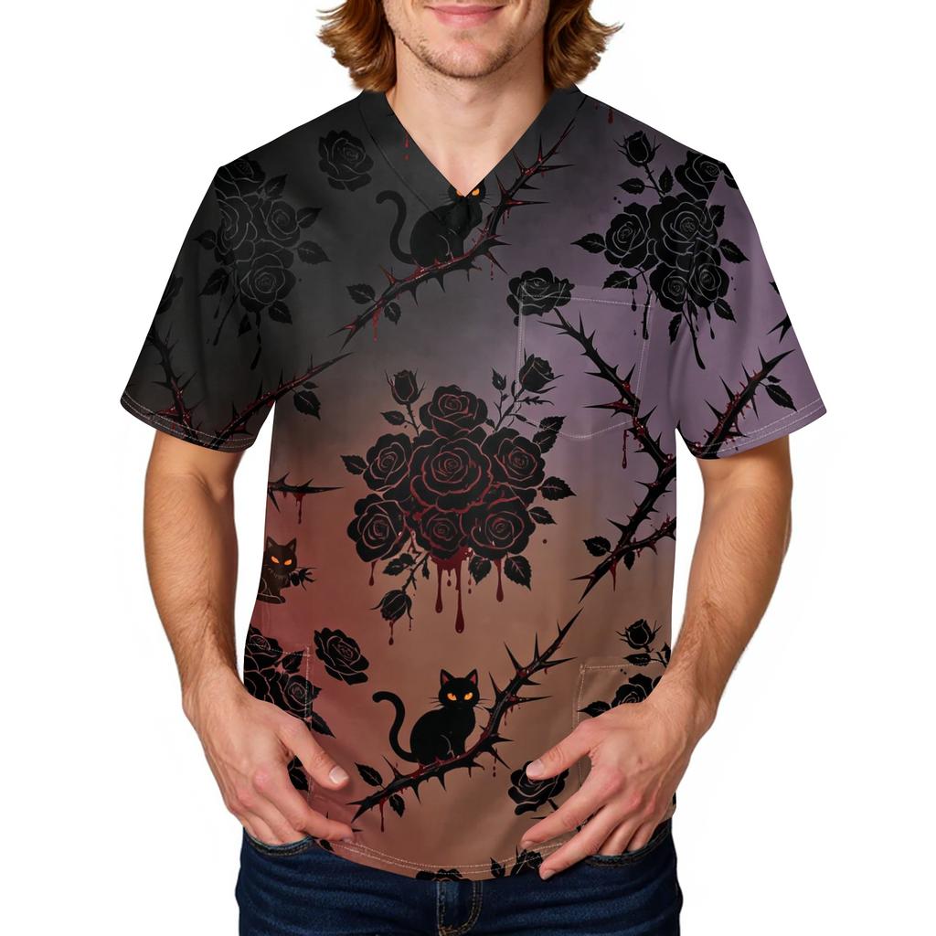 Men's Halloween Print Scrub Top Short Sleeve for Work Uniform