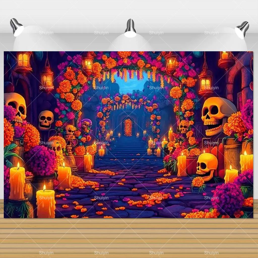 Day Of The Dead Photography Backdrop Skull Marigold Mexican Fiesta Día De Los Muertos Decoration Party Supply Photo Studio Props