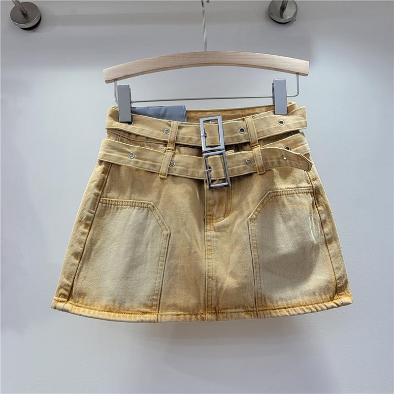 Spice girl washed retro denim skirt women s spring and summer new high waist sexy anti-light A-word hip skirt S жёлтый