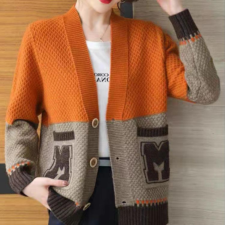 

Жіночий в язаний кардиган контрастного кольору з кишенями на ґудзиках, елегантний модний жіночий светр-пальто з V-подібним вирізом та довгими рукавами, повсякденний, на всі випадки життя M помаранчевий