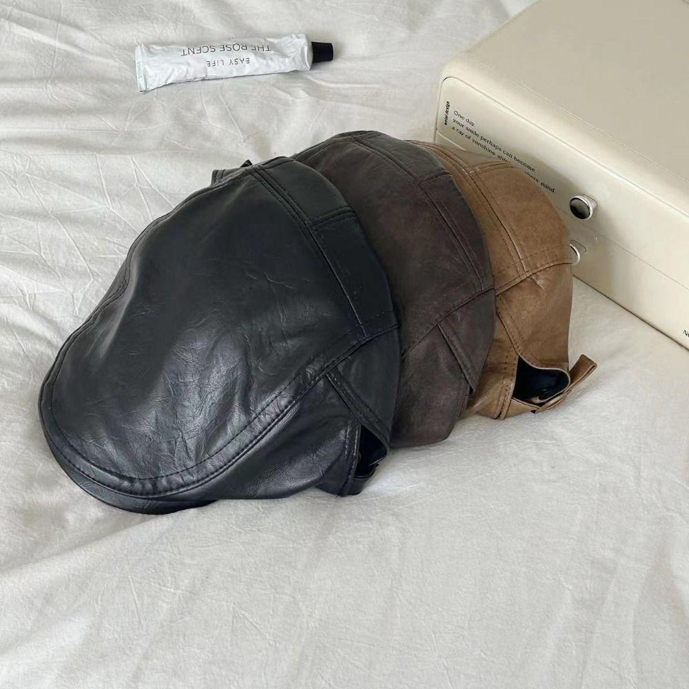 Retro Octagonal Hat British Style Retro Painter Hat Fashion PU Leather Beret  Streetwear