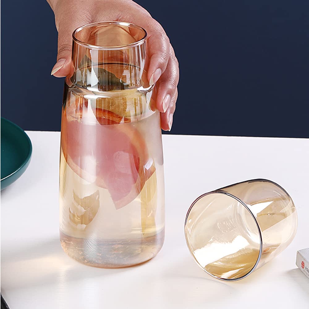 Side Table Water Bottle Set with Glass, Night Cup Set with Cup Cover, Gargle Water Bottle for Bedroom, Bathroom, and Kitchen, 25oz750ml (Amber)