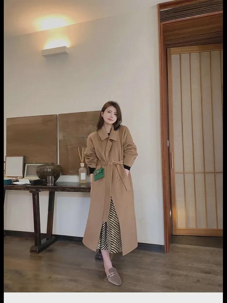 Damen Beige Wollmantel Mittellang - 2024 Herbst/Winter Trend