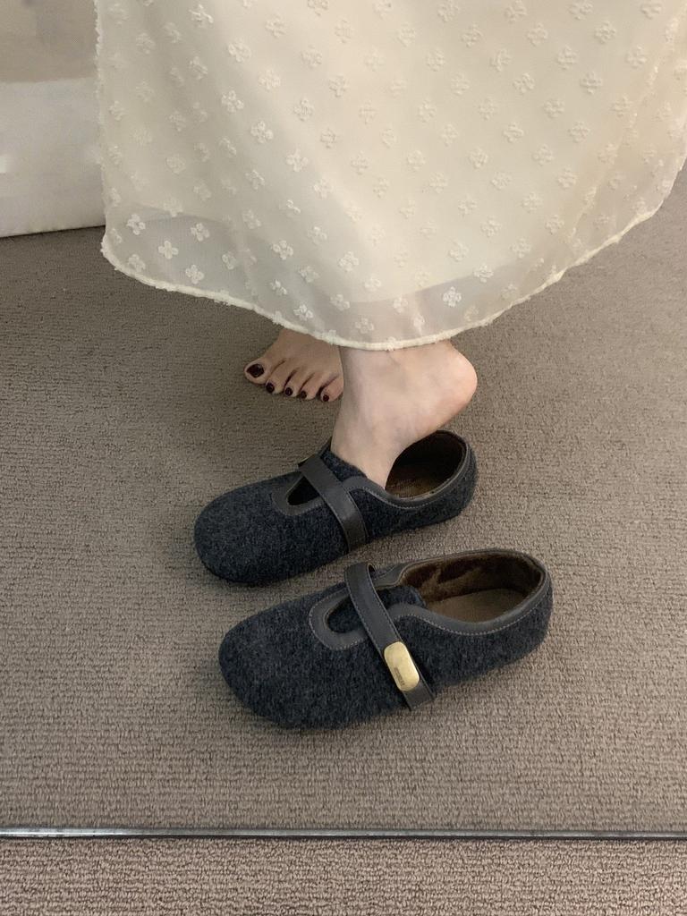 Deep mouth round head suede brown Mary Jane single shoes women's retro velvet Birkenstocks cotton shoes