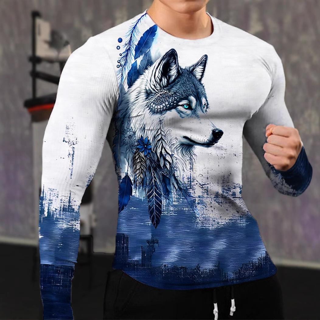 

Весенне-осенняя футболка с круглым вырезом и 3D-принтом с животным волком, модная повседневная мужская футболка с длинным рукавом L