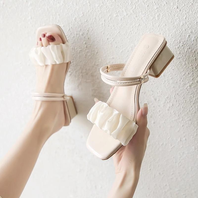 Fairy wind sandals female summer 2025 new outer wear thick heel French medium heel high heel two wear cool slippers