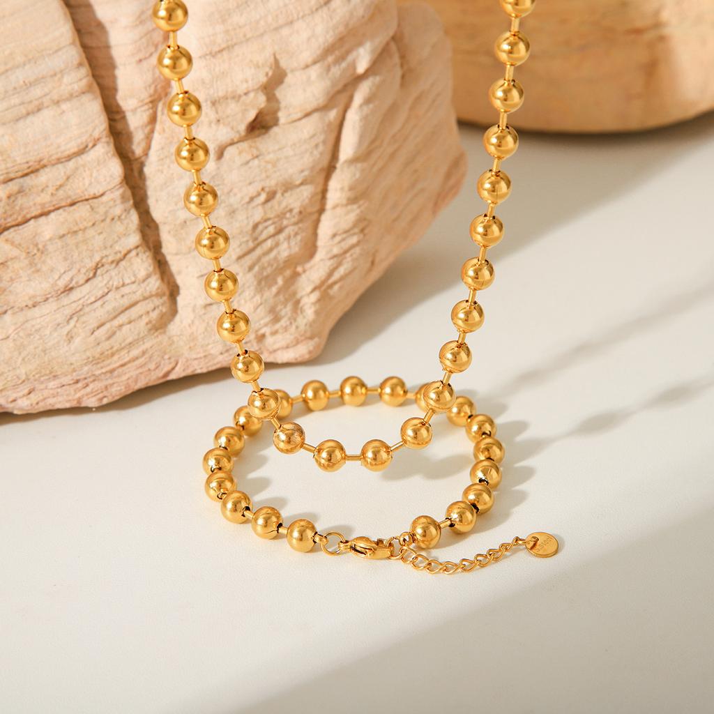 Fashionable minimalist titanium steel round bead chain necklace, unique trendy 18K gold stainless steel bracelet